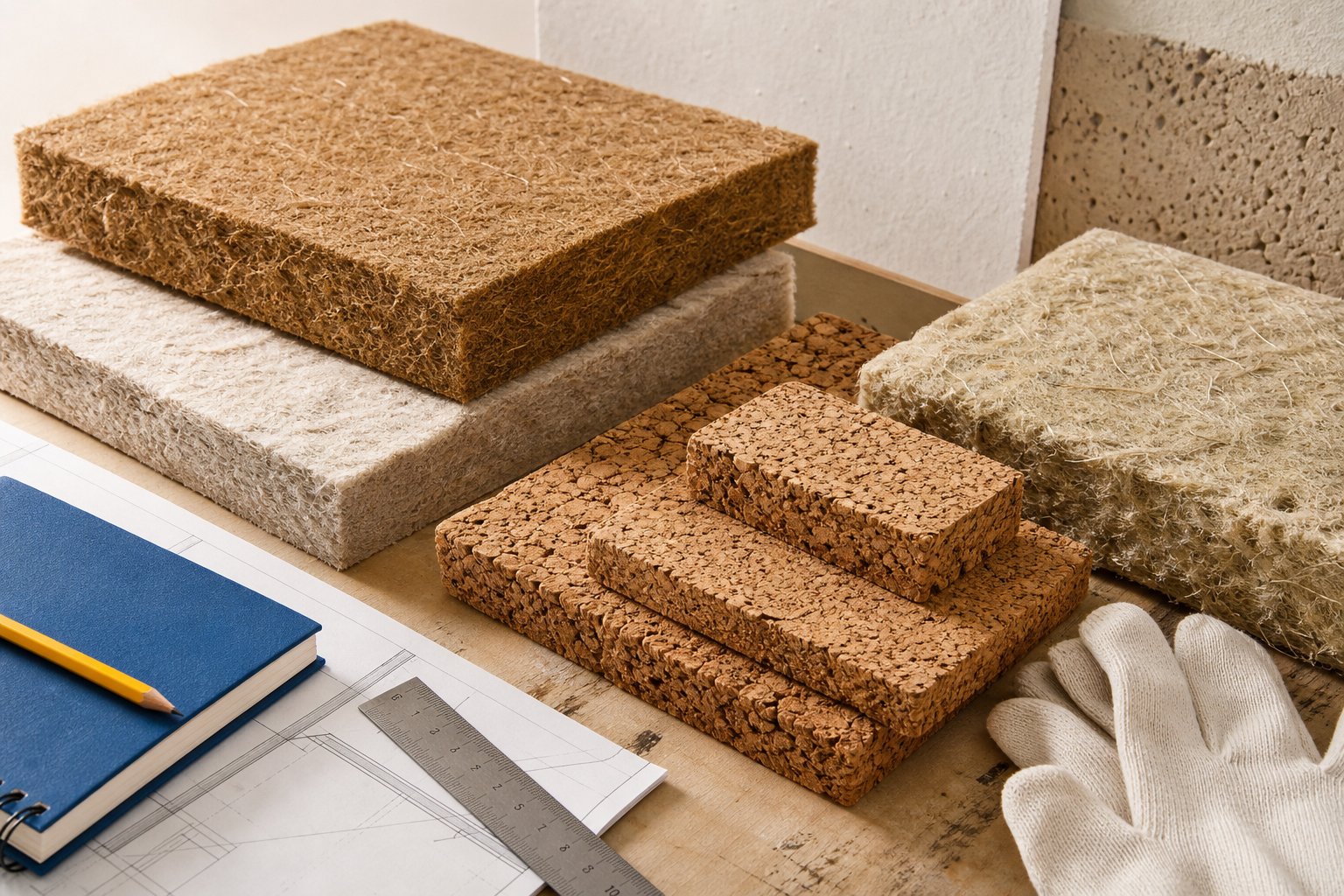 Houtvezel, vlas, hennep en kurk als materiaalstalen op een werktafel