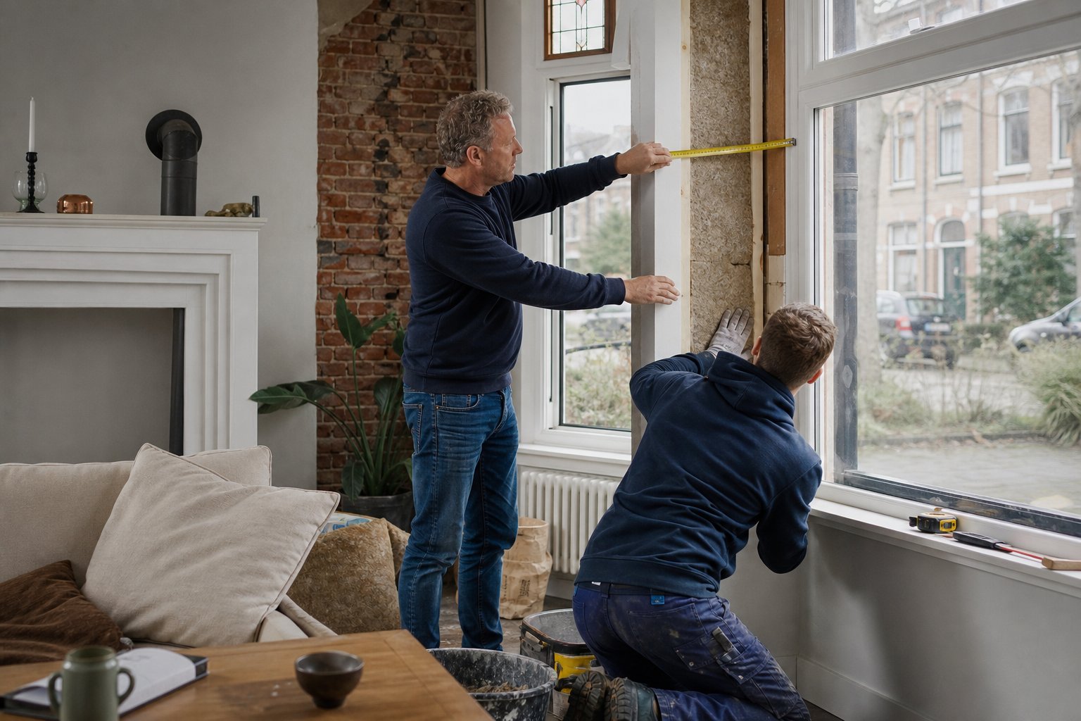 Bewoner en vakman meten een raamnis tijdens het isoleren van een bestaande woning