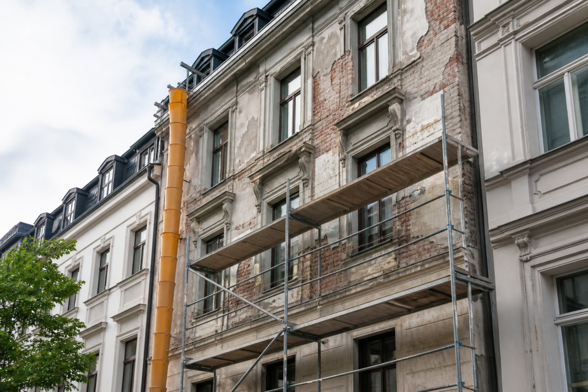 Bouwsituatie rond kalk-, gips- of cementpleister op een oude muur: compatibiliteit vã³ã³r gladheid in een helder detailbeeld